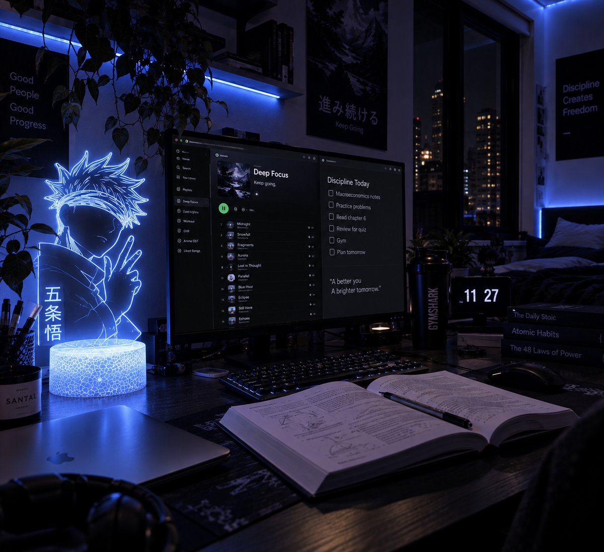 Dark anime study setup illuminated by a blue Yumora character lamp
